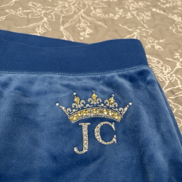 Juicy Couture Crown Heritage Cotton Velour Sweatpants Rhinestones Blue LARGE - Picture 2 of 12